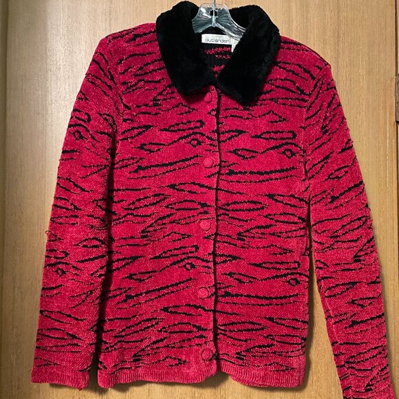 Outlander Red Tiger Strips Fur Collar Button Up Sweater - Picture 1 of 7